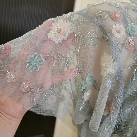 Mac Duggal 6 Seafoam Green 9134 Floral Midi Short Sleeve Sequin Beaded Dress New - Picture 8 of 14